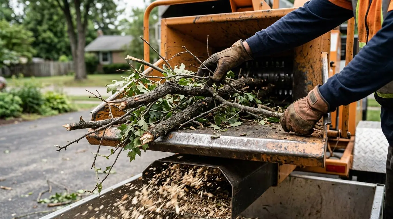 Close-up of branches being fed into a wood chipper in a residential driveway