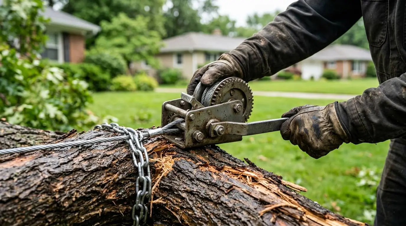 Close-up of a hand winch tensioning a cable around a fallen storm-damaged limb