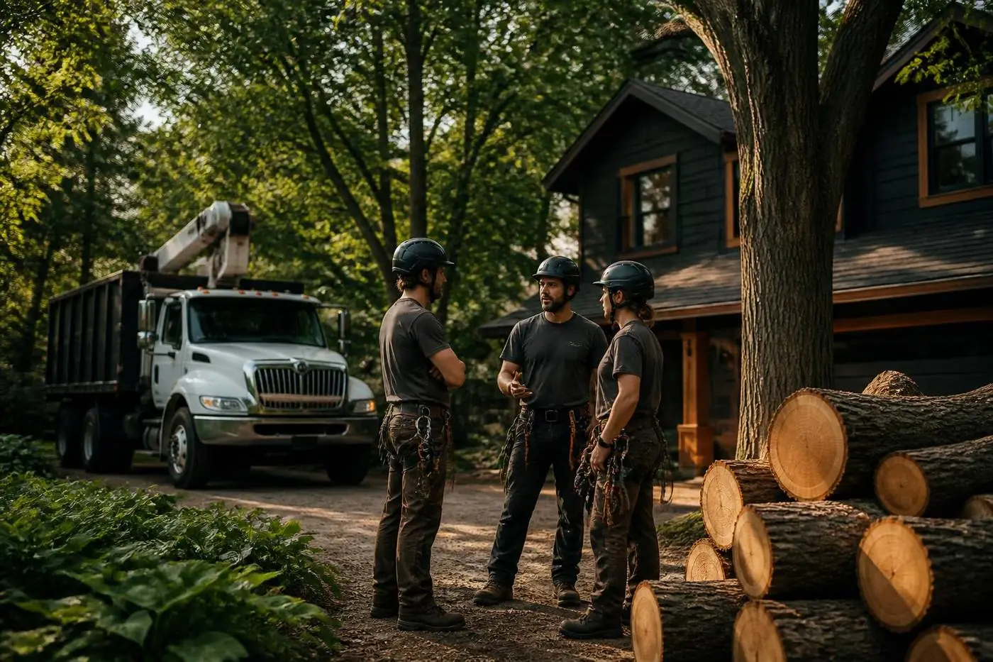 Tree service crew answering customer questions on site in Shelby Township