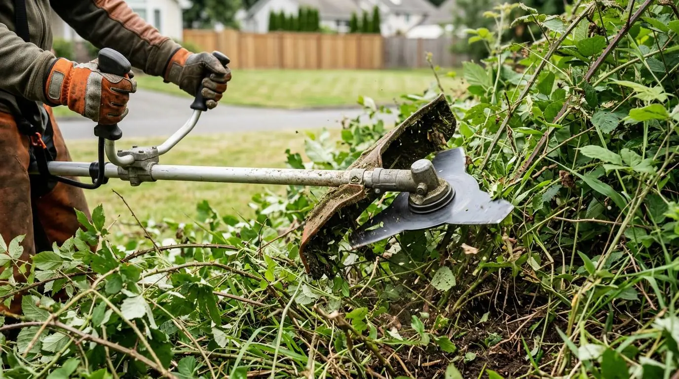 Close-up of a brush cutter clearing dense undergrowth at a residential lot edge