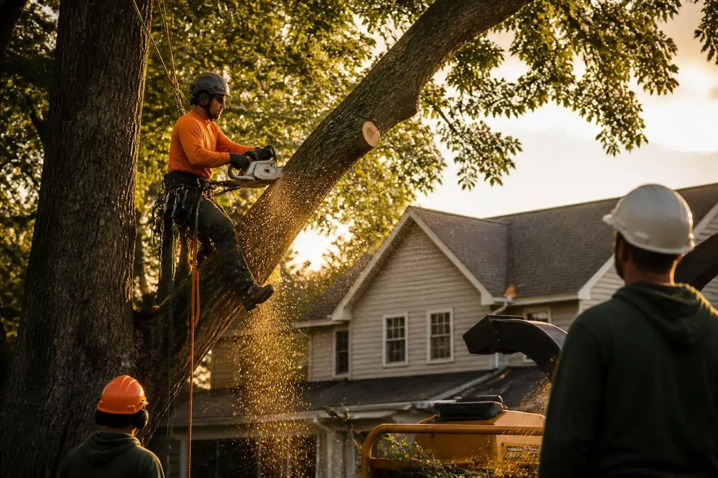 Certified arborists performing professional tree removal with safety gear