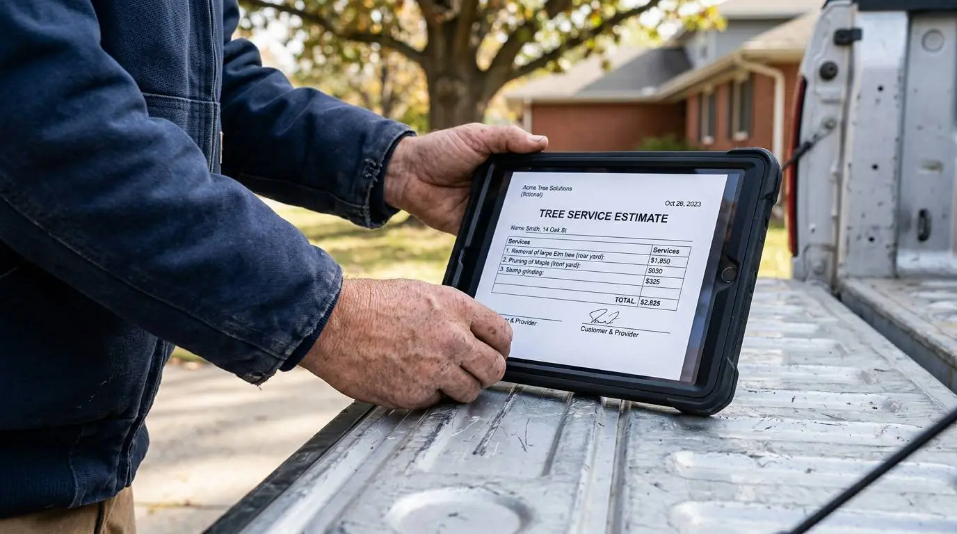 Worker reviewing a written tree service quote on a tablet