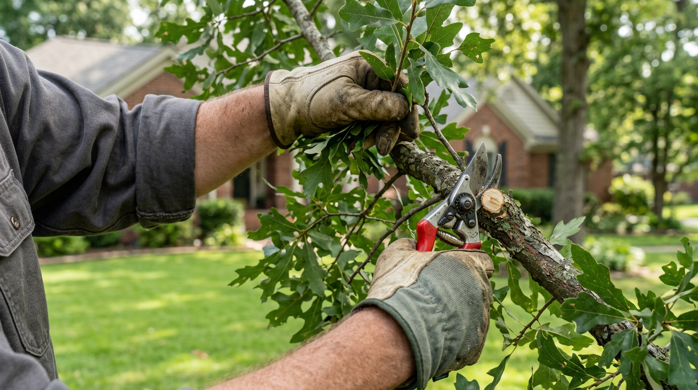 Close-up of pruning loppers trimming a branch in a residential landscape